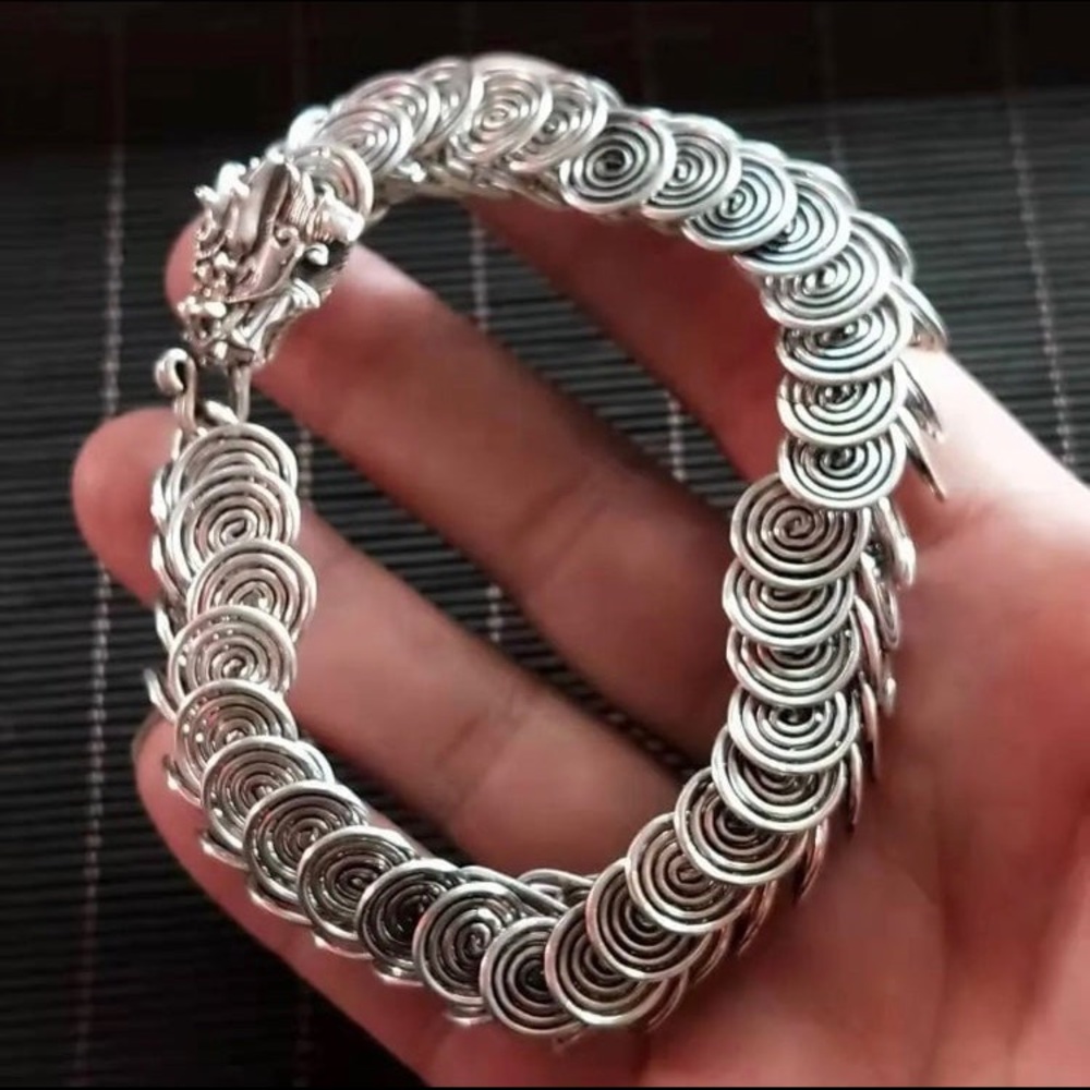 Vintage Antique Silver Old China Chinese Dragon Serpent Statement Bracelet